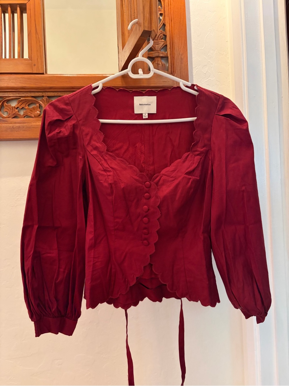 Reformation Burgundy Scalloped Puff Sleeve Blouse